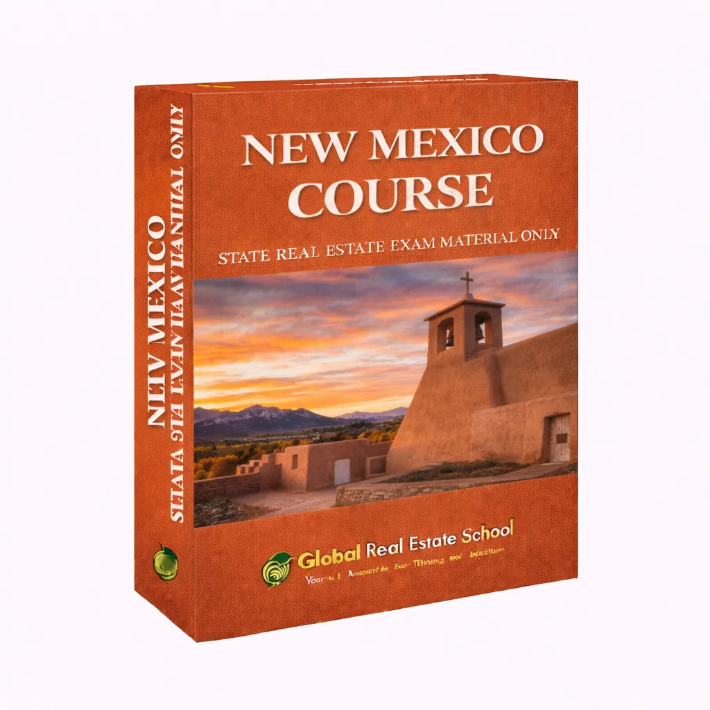 3D book cover of the New Mexico Real Estate Exam Prep Course by Global Real Estate School featuring a residential home and landscape from New Mexico.