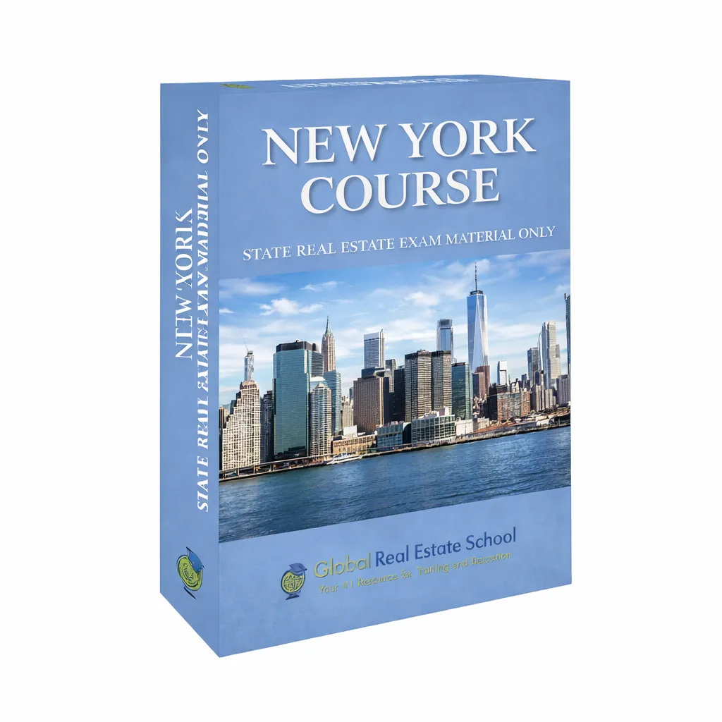 3D book cover of the New York Real Estate Exam Prep Course by Global Real Estate School featuring a residential home and landscape from New York.