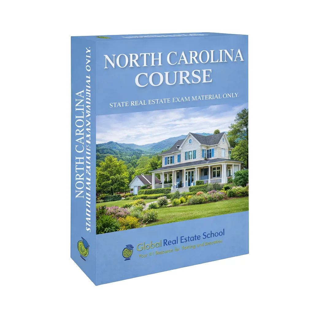 3D book cover of the North Carolina Real Estate Exam Prep Course by Global Real Estate School featuring a residential home and landscape from North Carolina.