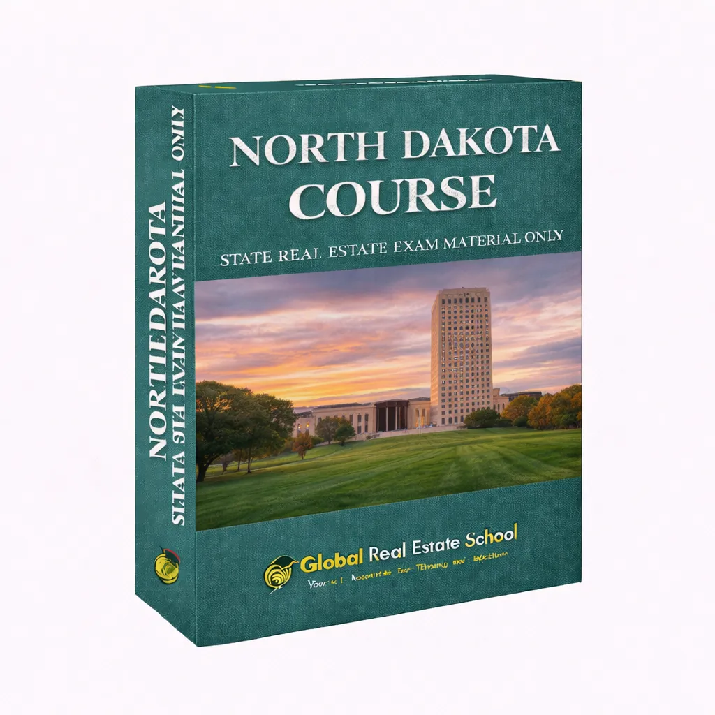 3D book cover of the North Dakota Real Estate Exam Prep Course by Global Real Estate School featuring a residential home and landscape from North Dakota.