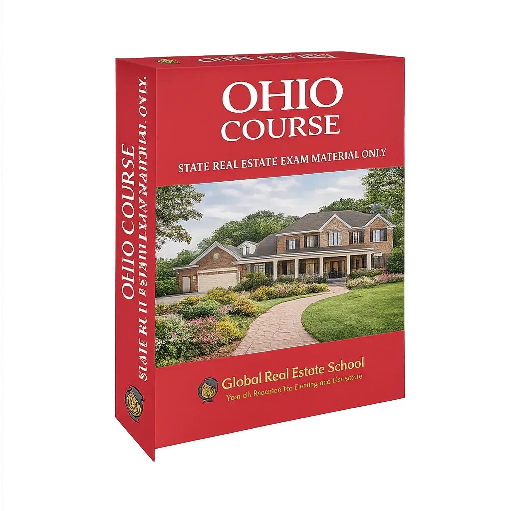 3D book cover of the Ohio Real Estate Exam Prep Course by Global Real Estate School featuring a residential home and landscape from Ohio.