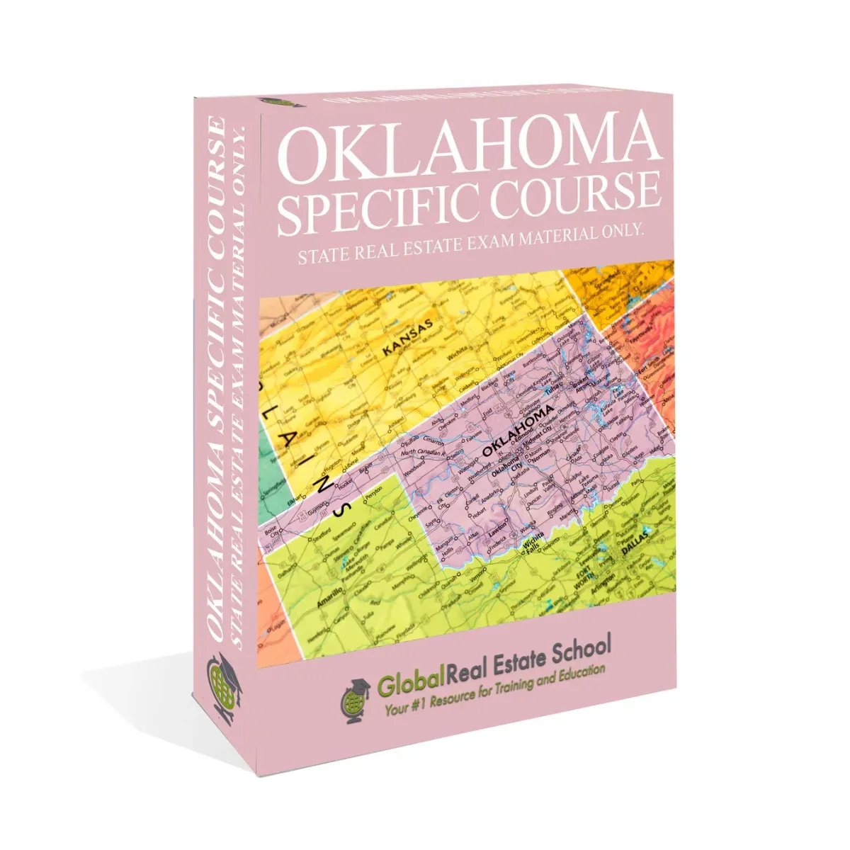 3D book cover of the Oklahoma Real Estate Exam Prep Course by Global Real Estate School featuring a residential home and landscape from Oklahoma.