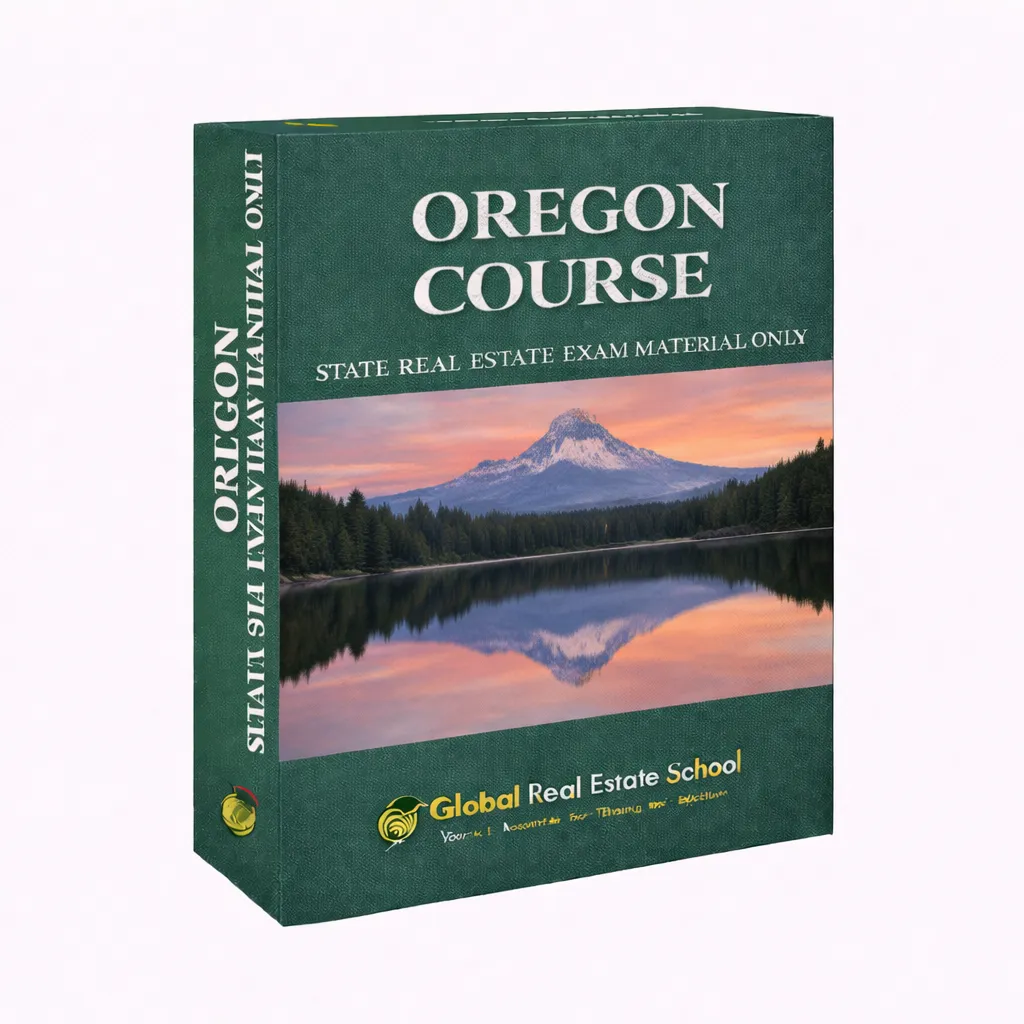3D book cover of the Oregon Real Estate Exam Prep Course by Global Real Estate School featuring a residential home and landscape from Oregon.