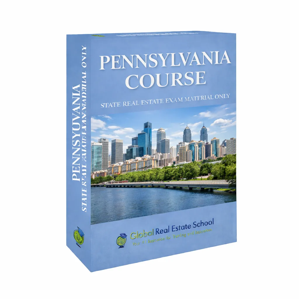 3D book cover of the Pennsylvania Real Estate Exam Prep Course by Global Real Estate School featuring a residential home and landscape from Pennsylvania.
