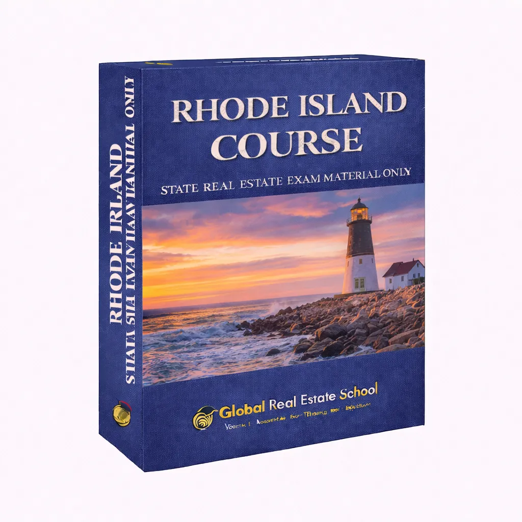 3D book cover of the Rhode Island Real Estate Exam Prep Course by Global Real Estate School featuring a residential home and landscape from Rhode Island.