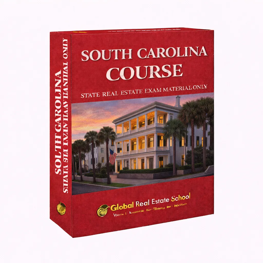 3D book cover of the South Carolina Real Estate Exam Prep Course by Global Real Estate School featuring a residential home and landscape from South Carolina.