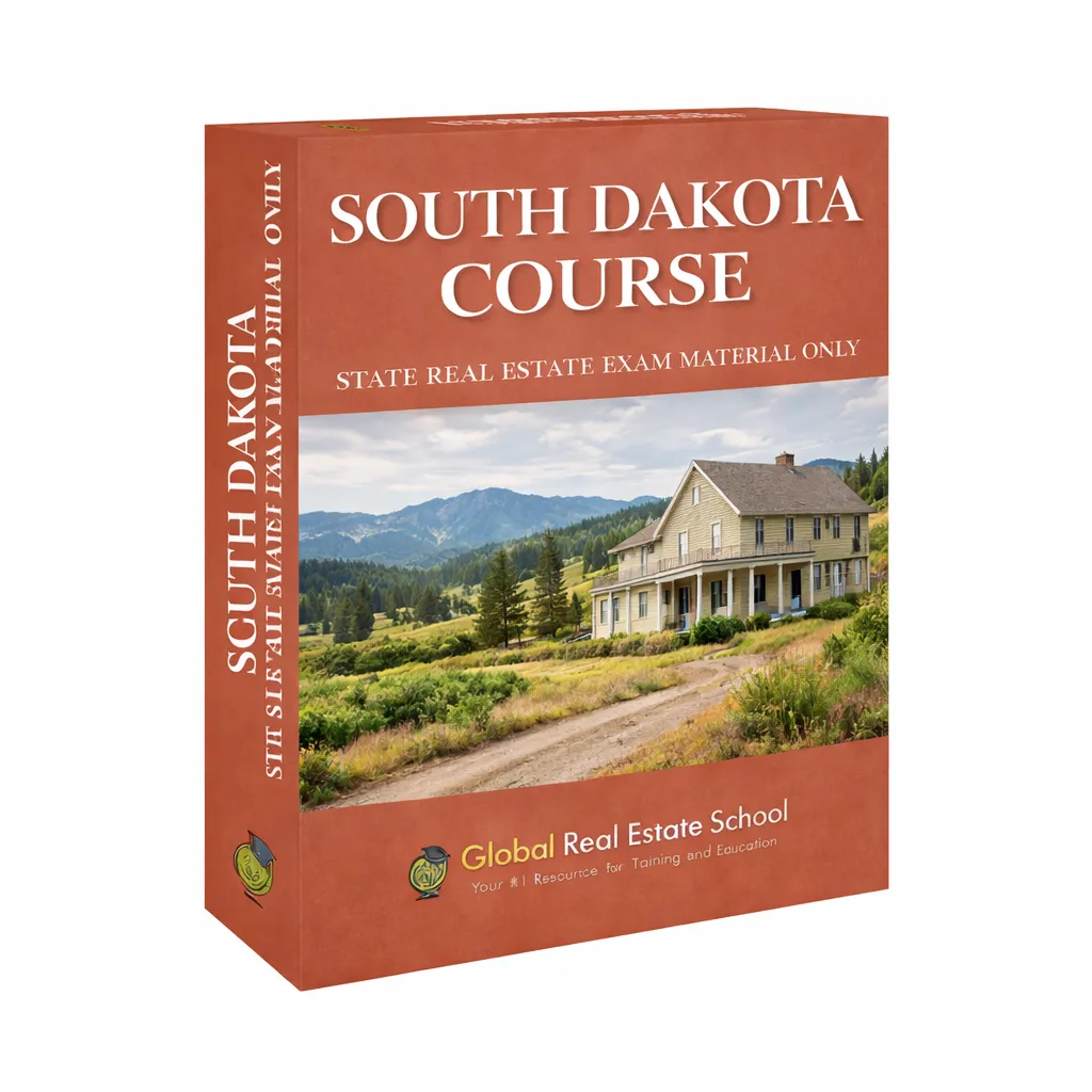 3D book cover of the South Dakota Real Estate Exam Prep Course by Global Real Estate School featuring a residential home and landscape from South Dakota.