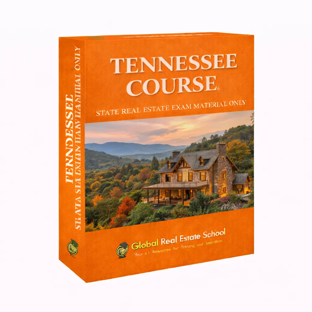 3D book cover of the Tennessee Real Estate Exam Prep Course by Global Real Estate School featuring a residential home and landscape from Tennessee.