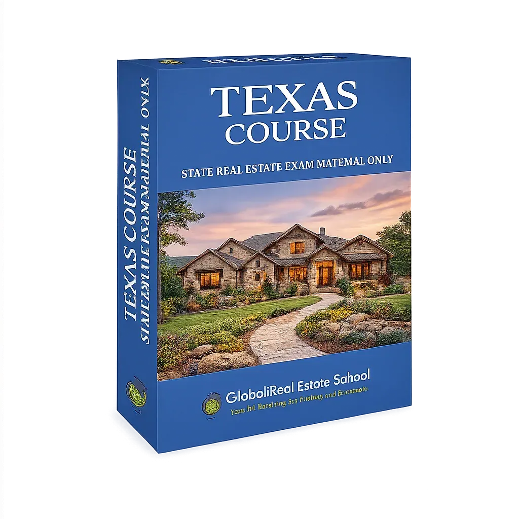 3D book cover of the Texas Real Estate Exam Prep Course by Global Real Estate School featuring a residential home and landscape from Texas.