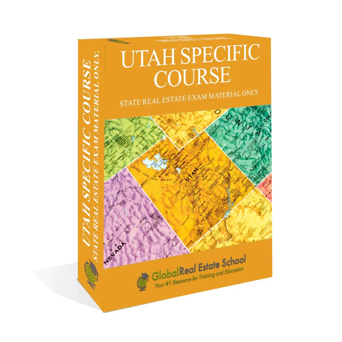 3D book cover of the Utah Real Estate Exam Prep Course by Global Real Estate School featuring a residential home and landscape from Utah.