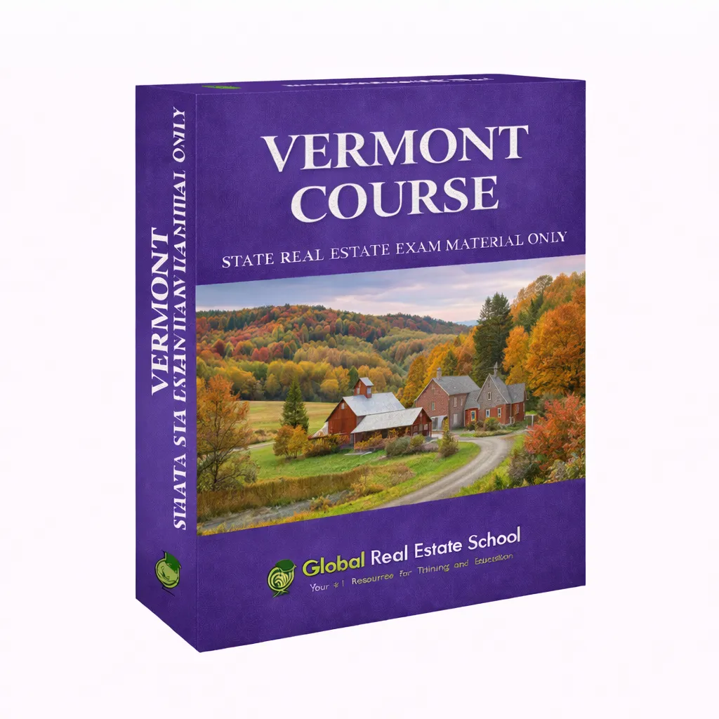3D book cover of the Vermont Real Estate Exam Prep Course by Global Real Estate School featuring a residential home and landscape from Vermont.