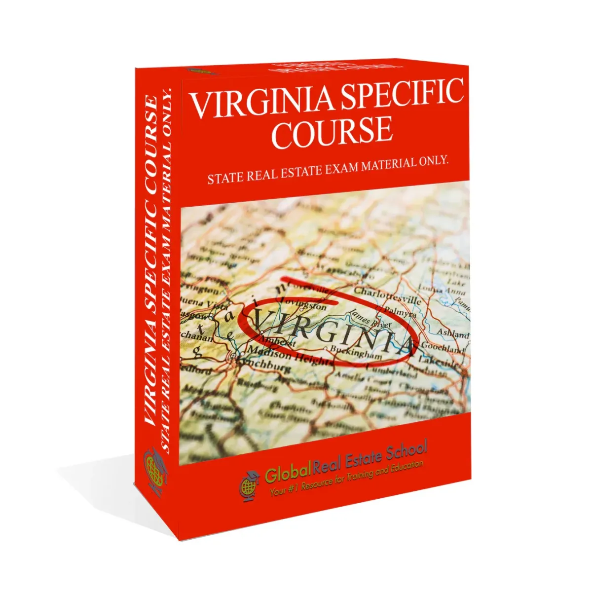 3D book cover of the Virginia Real Estate Exam Prep Course by Global Real Estate School featuring a residential home and landscape from Virginia.