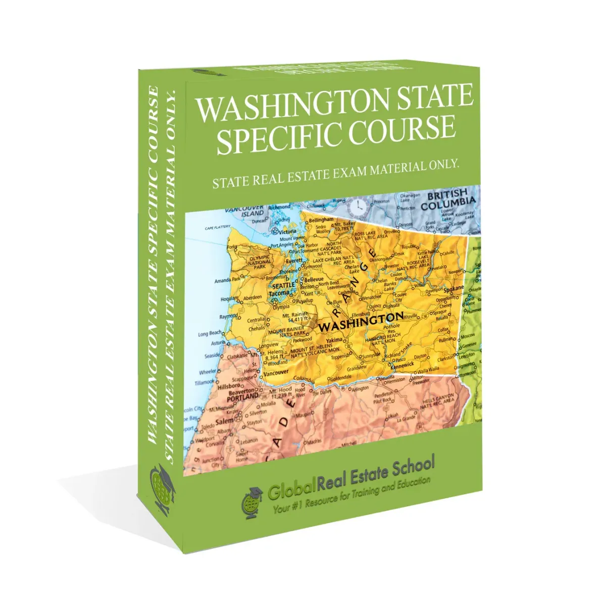 3D book cover of the Washington Real Estate Exam Prep Course by Global Real Estate School featuring a residential home and landscape from Washington.
