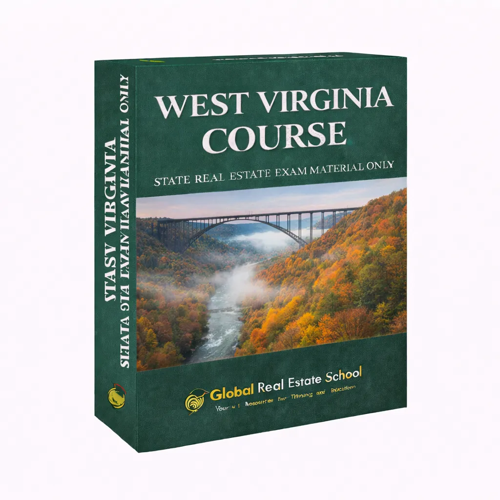 3D book cover of the West Virginia Real Estate Exam Prep Course by Global Real Estate School featuring a residential home and landscape from West Virginia.