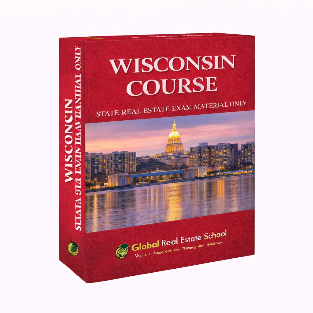 3D book cover of the Wisconsin Real Estate Exam Prep Course by Global Real Estate School featuring a residential home and landscape from Wisconsin.