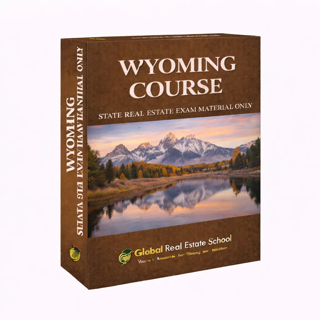 3D book cover of the Wyoming Real Estate Exam Prep Course by Global Real Estate School featuring a residential home and landscape from Wyoming.