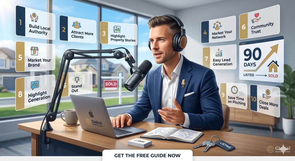 A confident real estate agent in a modern podcast studio, speaking into a microphone with headphones on, surrounded by real estate books and a laptop, vibrant lighting, 3:2 aspect ratio
