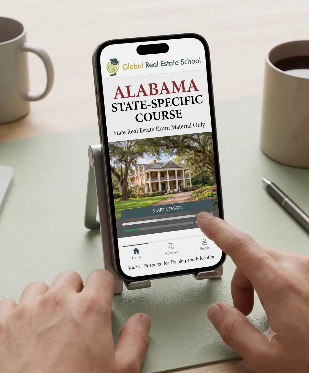 3D book cover of Alabama Real Estate Exam Prep Course by Global Real Estate School featuring a residential home and landscape from Arizona