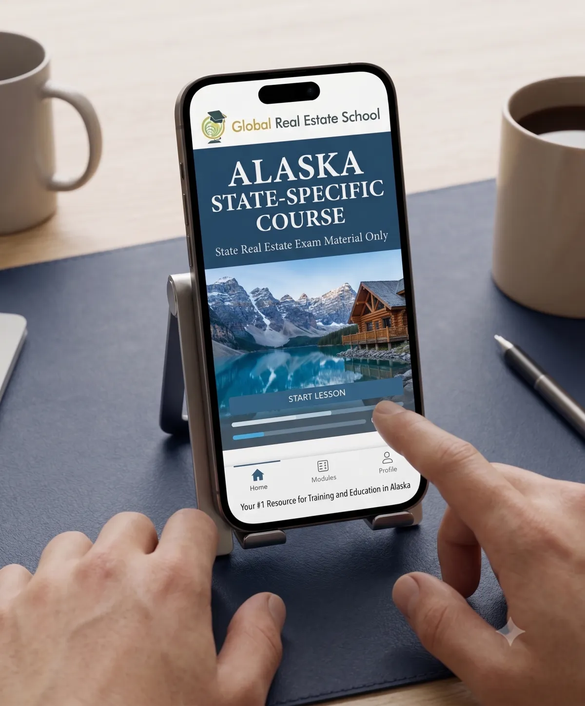 3D book cover of the Alaska Real Estate Exam Prep Course by Global Real Estate School featuring a residential home and landscape from Alaska.