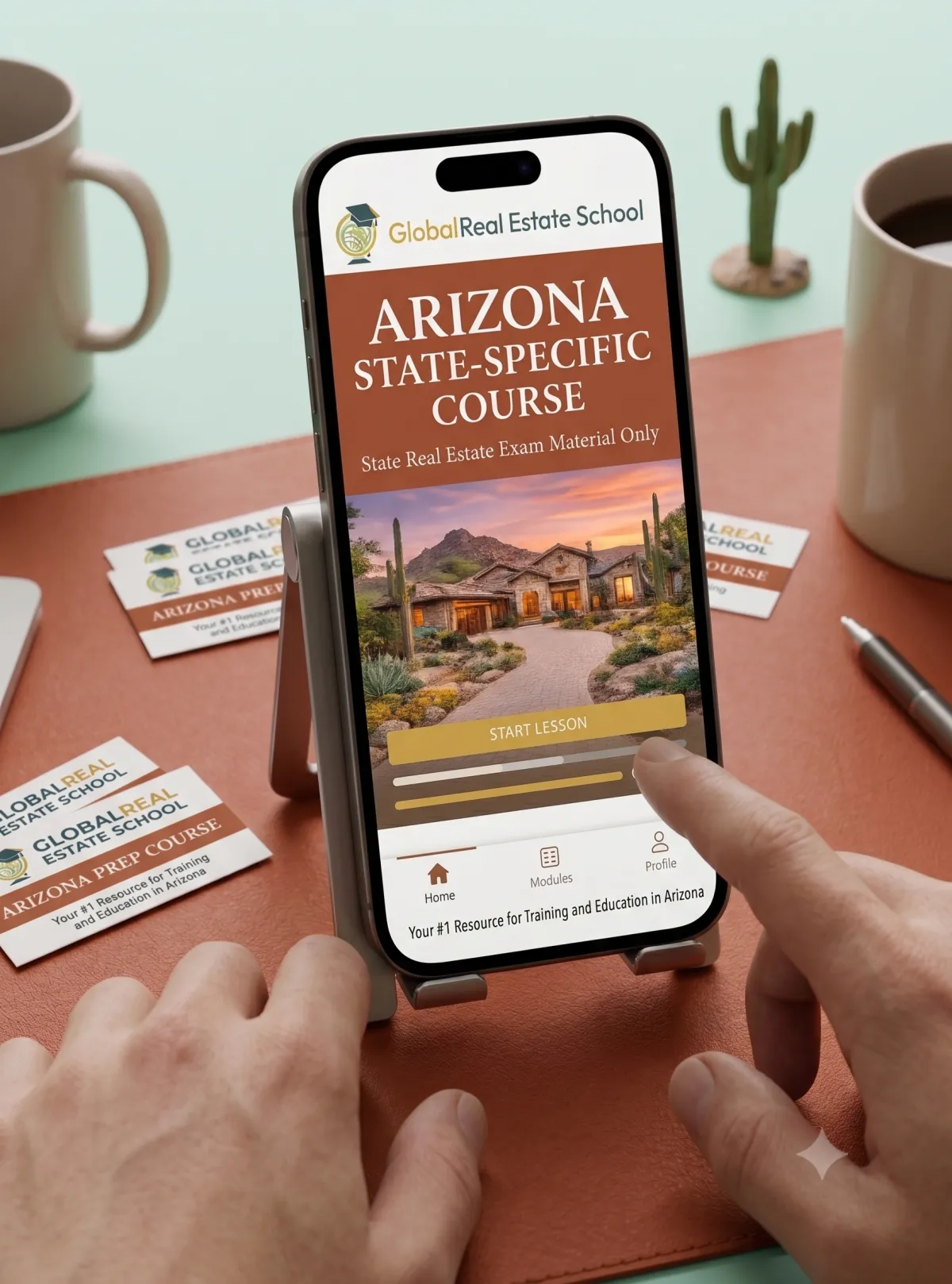 3D book cover of the Arizona Real Estate Exam Prep Course by Global Real Estate School featuring a residential home and landscape from Arizona.
