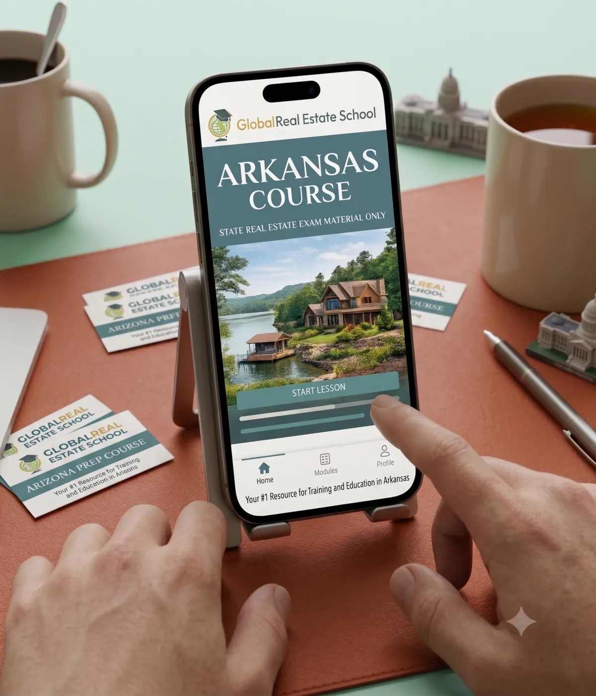 3D book cover of the Arkansas Real Estate Exam Prep Course by Global Real Estate School featuring a residential home and landscape from Arkansas.