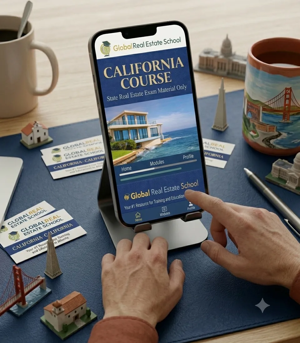 3D book cover of the California Real Estate Exam Prep Course by Global Real Estate School featuring a residential home and landscape from California.