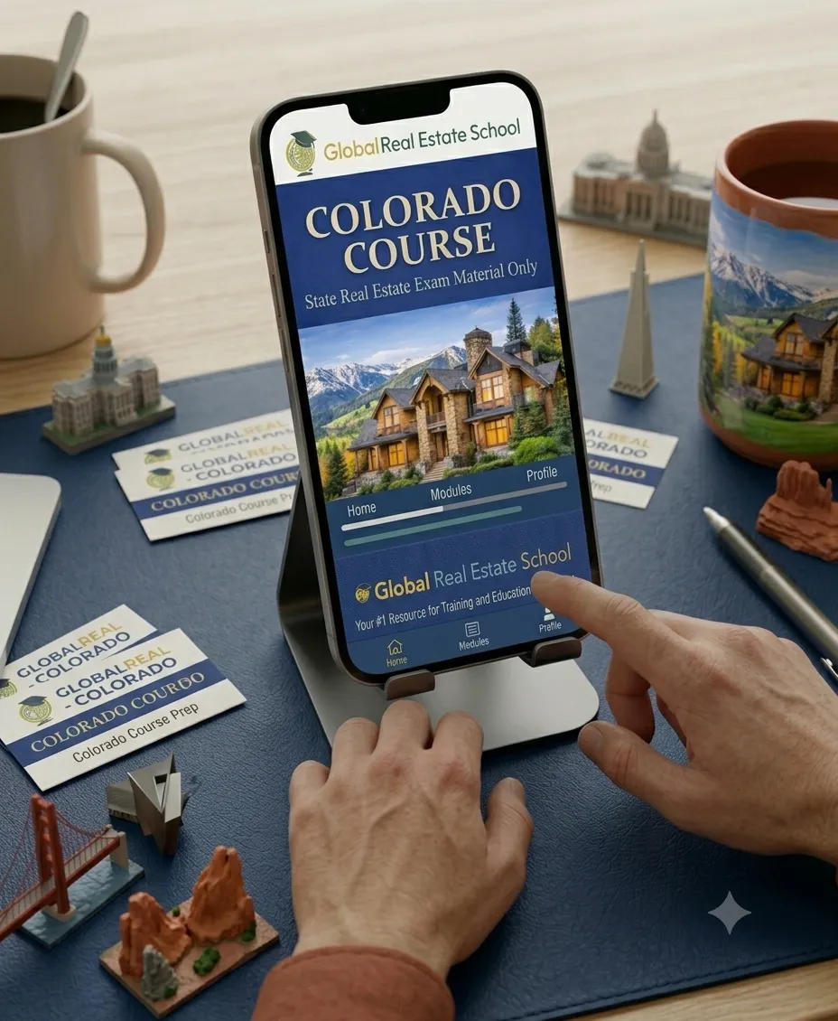 3D book cover of the Colorado Real Estate Exam Prep Course by Global Real Estate School featuring a residential home and landscape from Colorado.