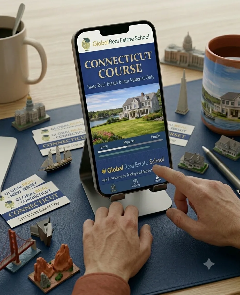 3D book cover of the Connecticut Real Estate Exam Prep Course by Global Real Estate School featuring a residential home and landscape from Connecticut.