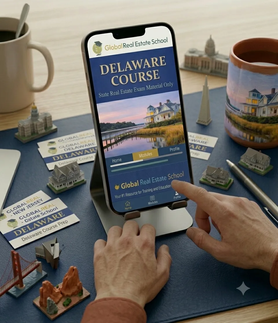 3D book cover of the Delaware Real Estate Exam Prep Course by Global Real Estate School featuring a residential home and landscape from Delaware.