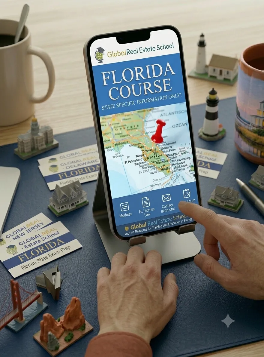3D book cover of the Florida Real Estate Exam Prep Course by Global Real Estate School featuring a residential home and landscape from Florida.