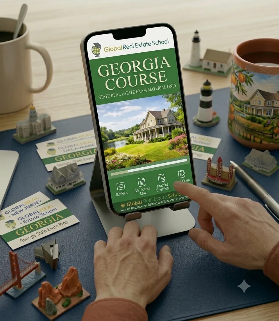 3D book cover of the Georgia Real Estate Exam Prep Course by Global Real Estate School featuring a residential home and landscape from Georgia.