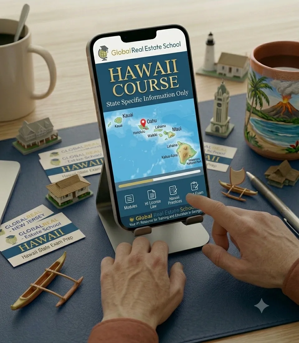 3D book cover of the Hawaii Real Estate Exam Prep Course by Global Real Estate School featuring a residential home and landscape from Hawaii.