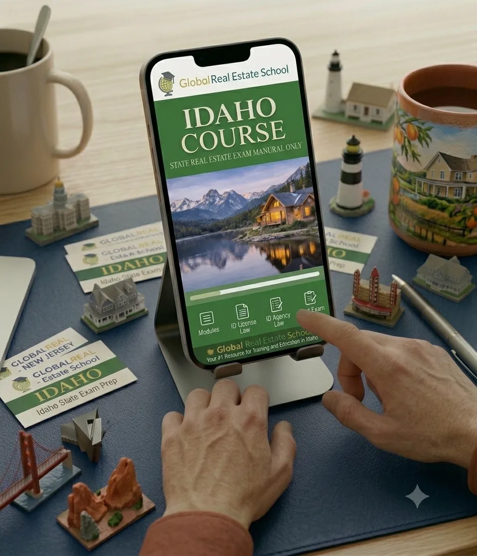 3D book cover of the Idaho Real Estate Exam Prep Course by Global Real Estate School featuring a residential home and landscape from Idaho.