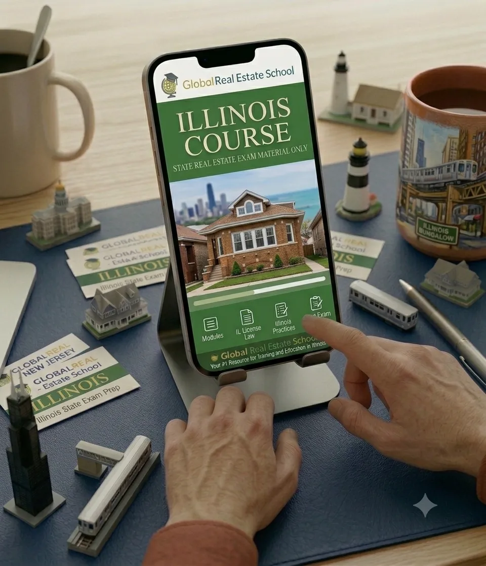 3D book cover of the Illinois Real Estate Exam Prep Course by Global Real Estate School featuring a residential home and landscape from Illinois.