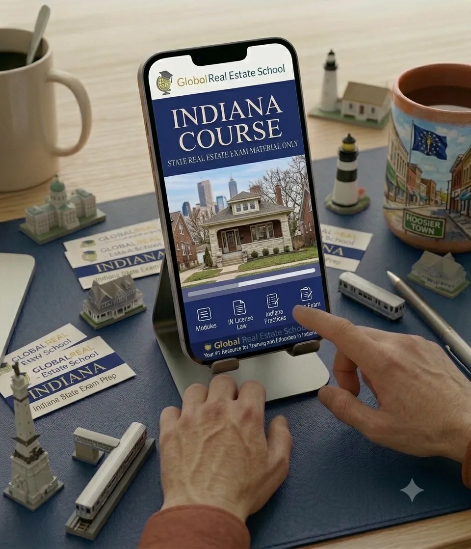 3D book cover of the Indiana Real Estate Exam Prep Course by Global Real Estate School featuring a residential home and landscape from Indiana.