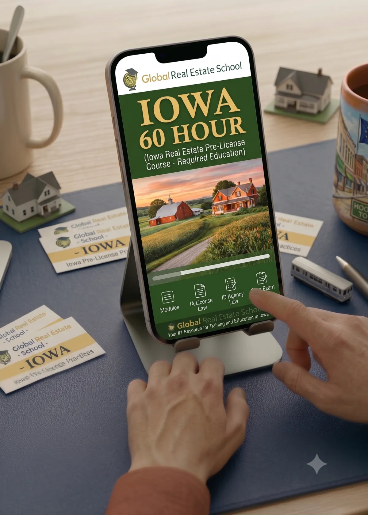 3D book cover of the Iowa Real Estate Exam Prep Course by Global Real Estate School featuring a residential home and landscape from Iowa.