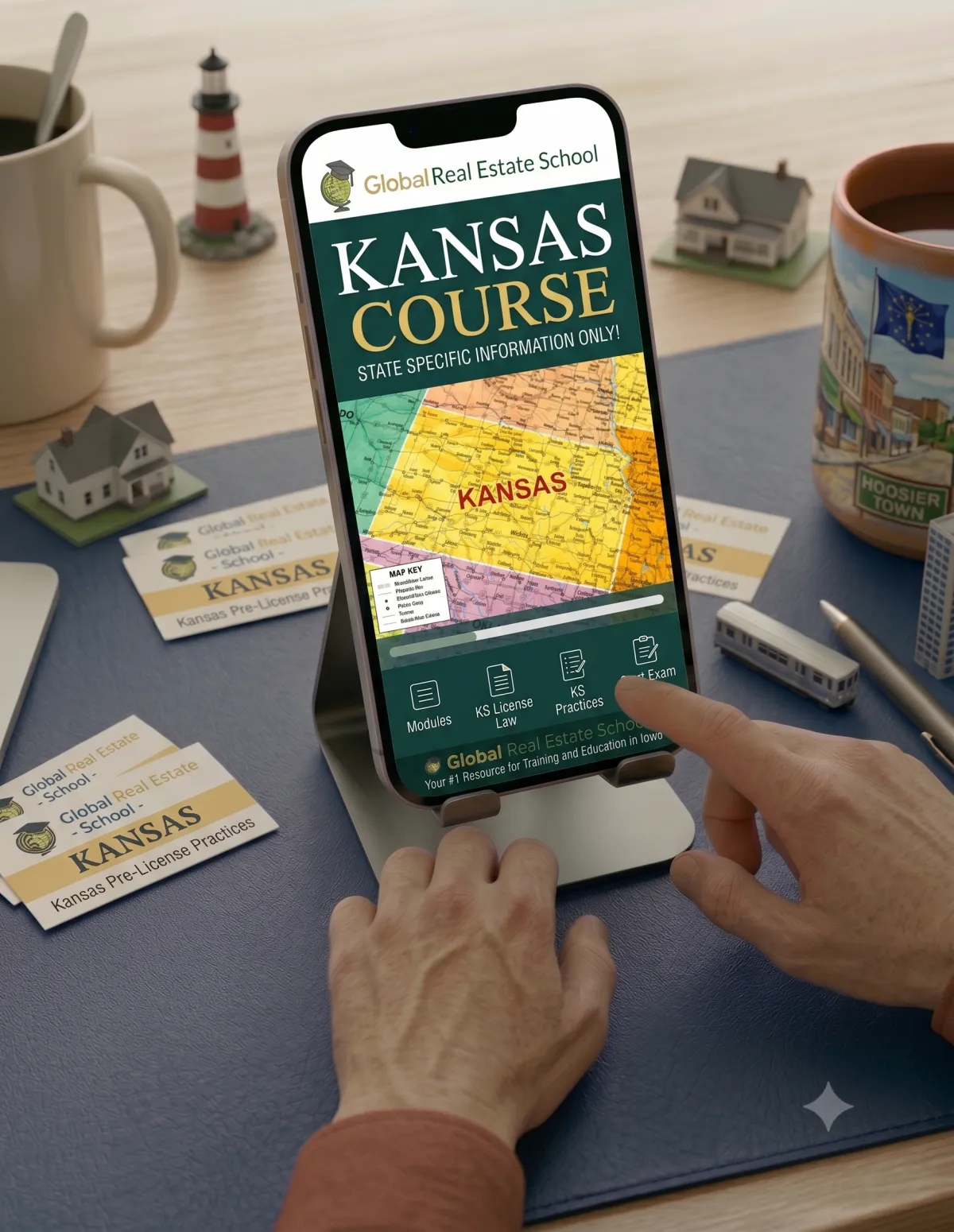 3D book cover of the Kansas Real Estate Exam Prep Course by Global Real Estate School featuring a residential home and landscape from Kansas.