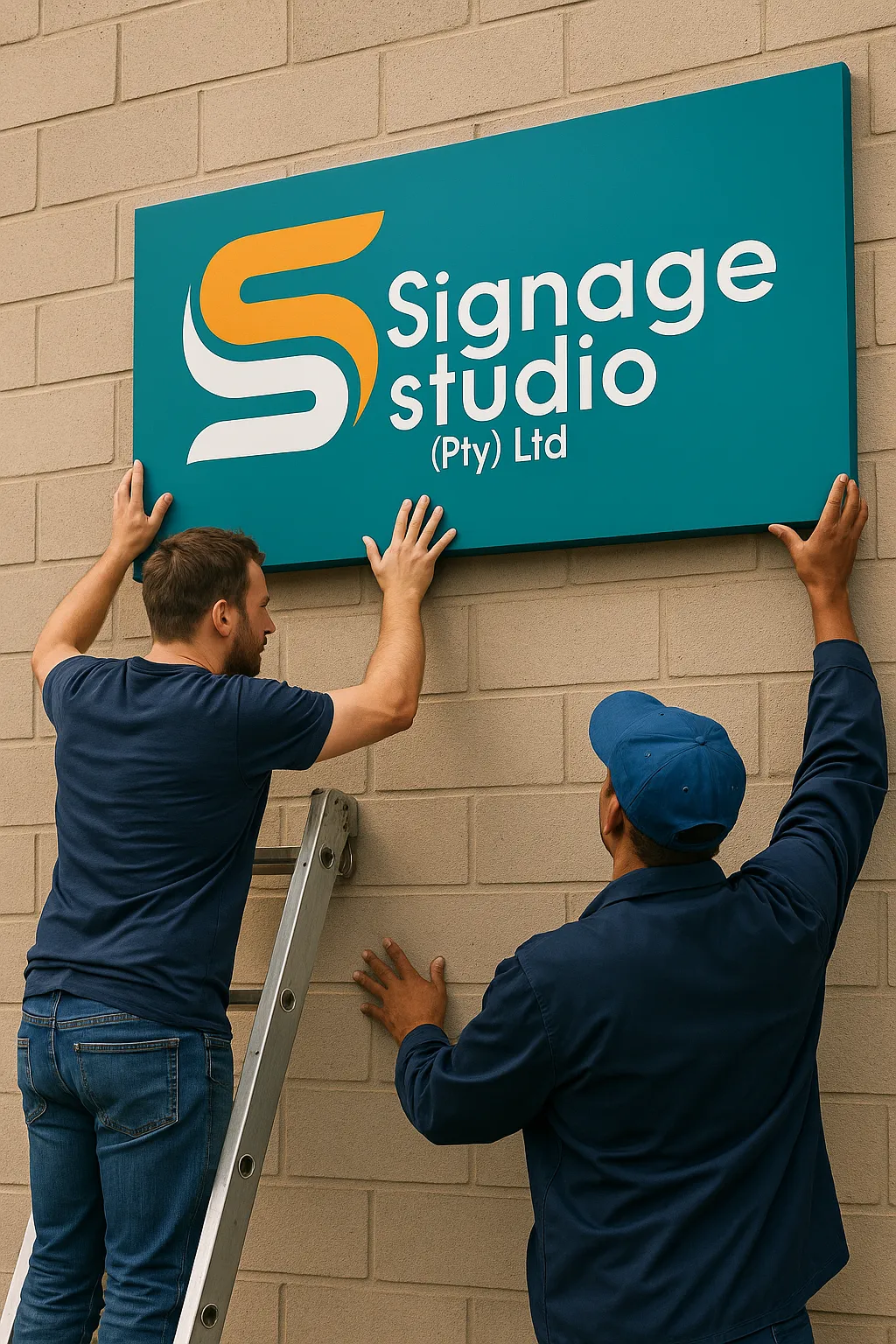 Professional installers mounting building signs – Signage Studio