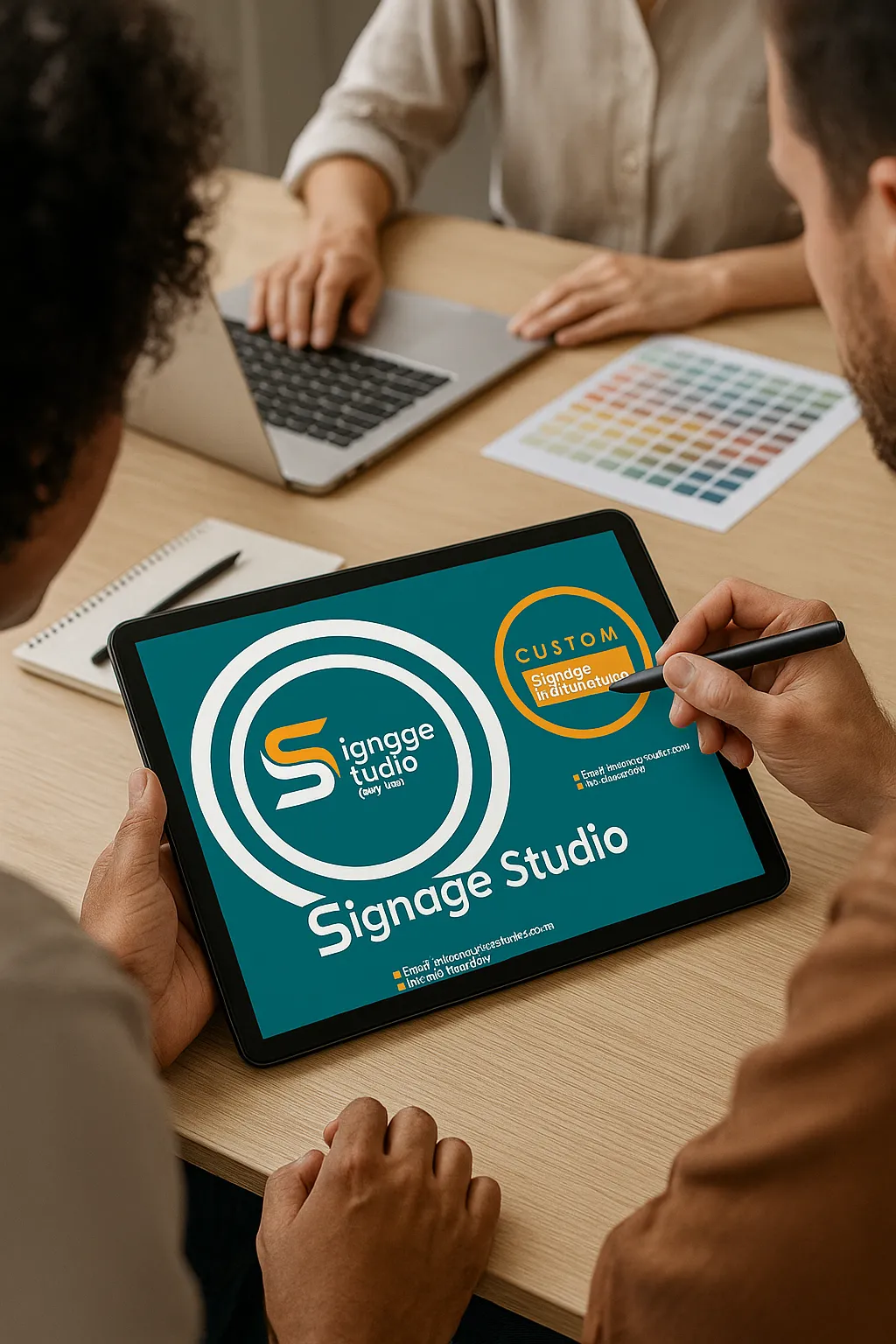 Creative signage design team working on branding materials – Signage Studio