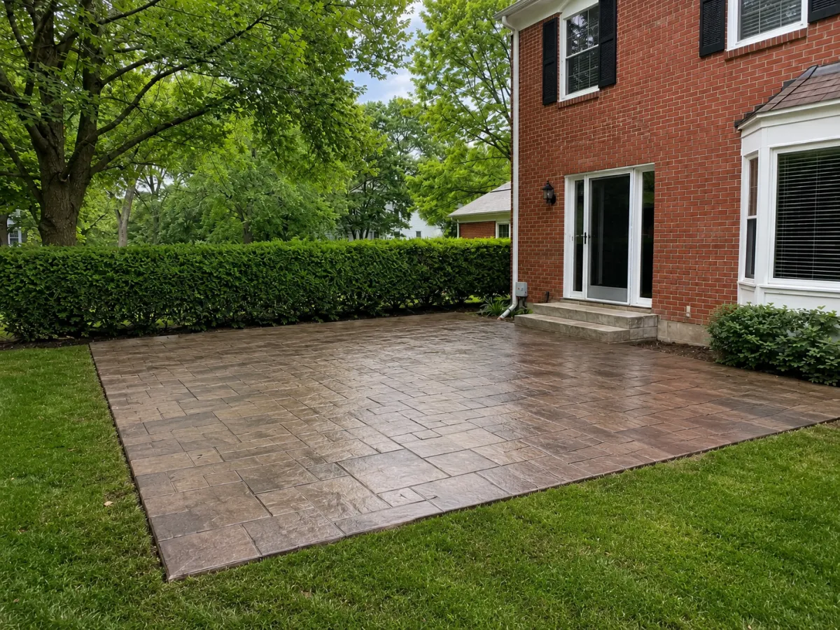 Finished stamped concrete patio with slate pattern in Racine, WI by GM Concrete