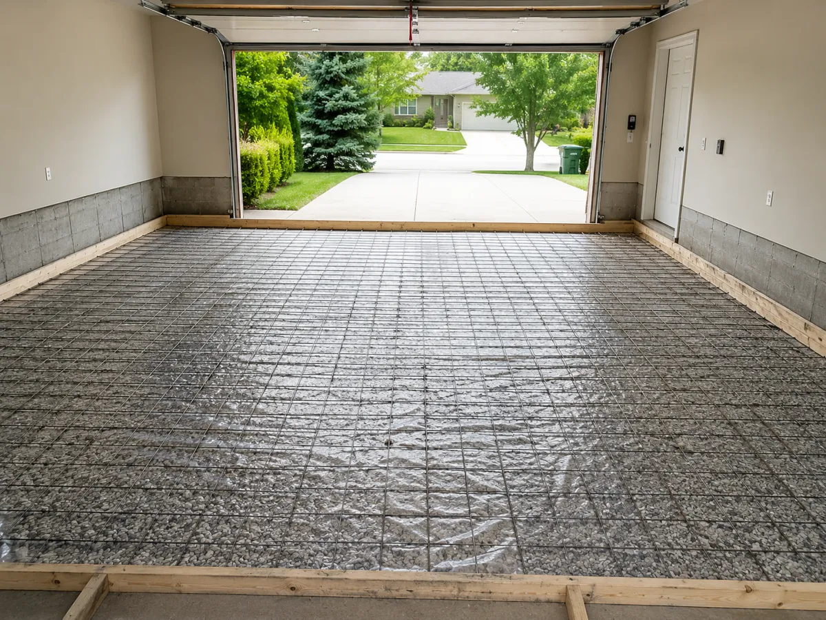 Garage slab prep with gravel base and wire mesh in Racine, WI by GM Concrete
