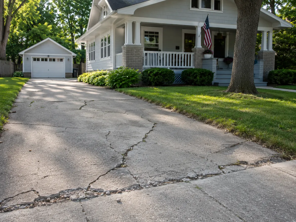 Cracked, damaged concrete before replacement in Racine, WI by GM Concrete