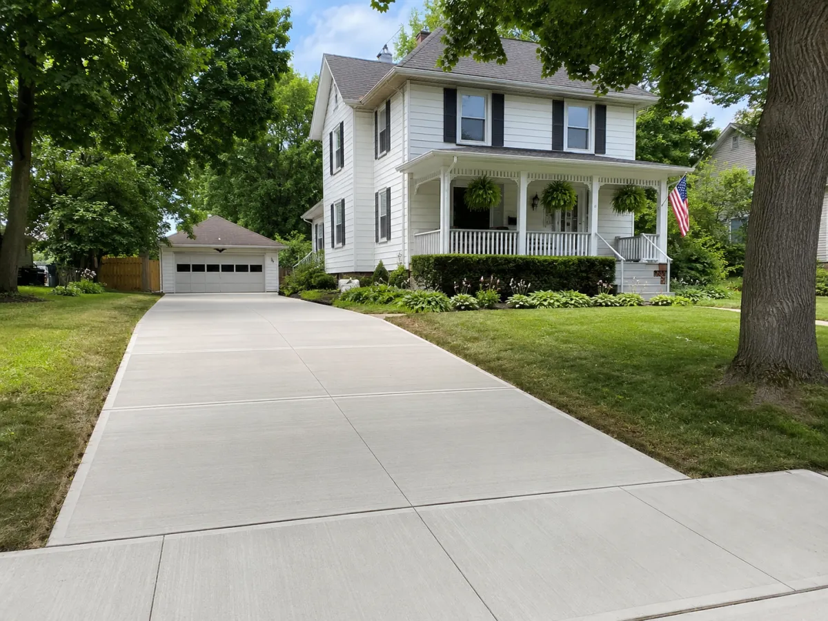 Finished concrete driveway at a white colonial home in Racine, WI by GM Concrete