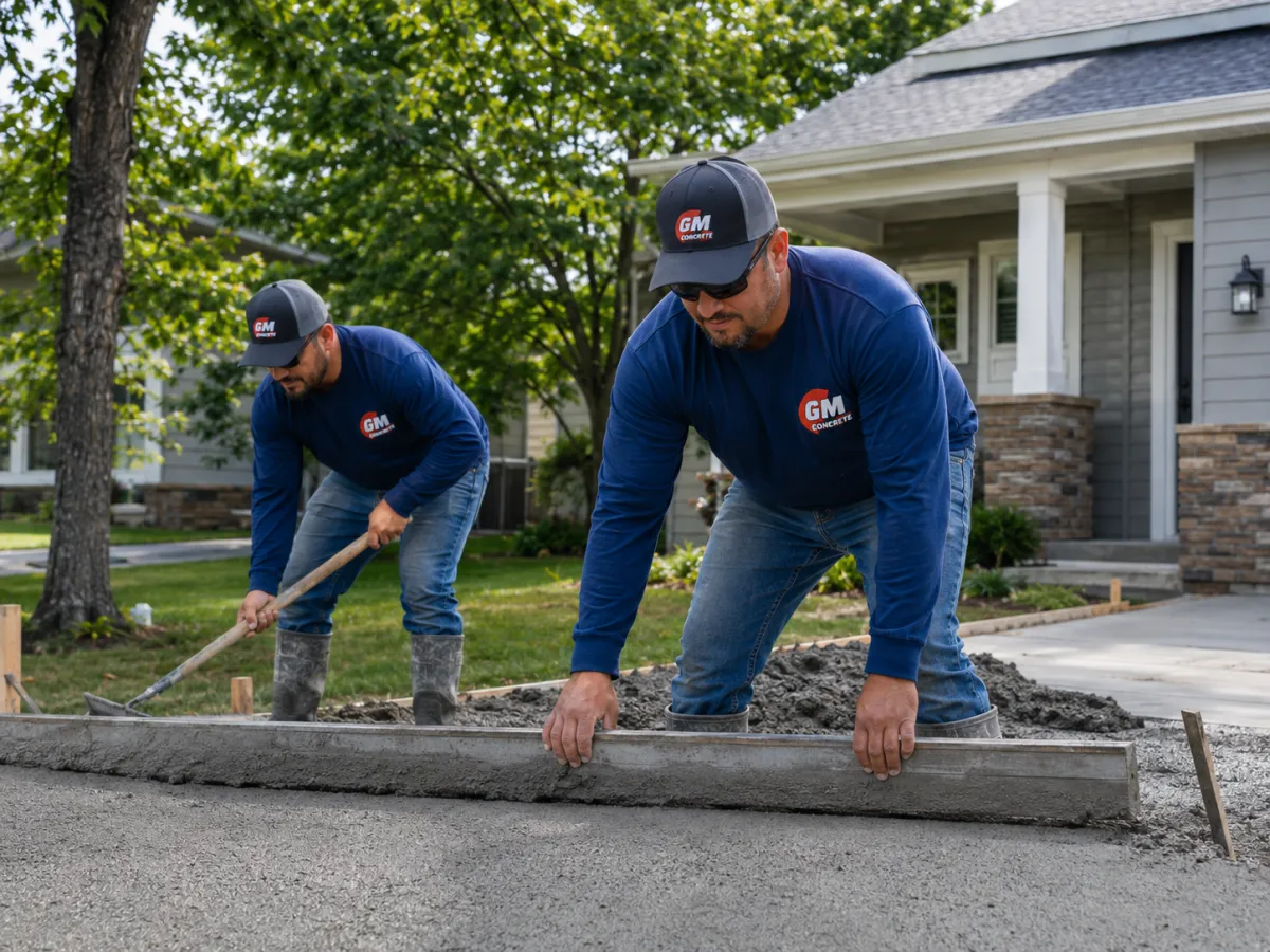 GM Concrete crew finishing a driveway edge in Racine, Wisconsin