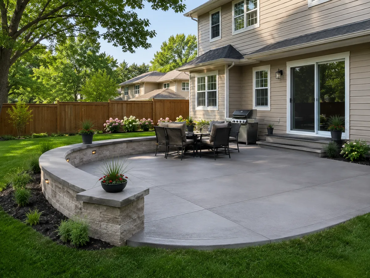 Curved concrete patio with seat wall in Racine, WI by GM Concrete