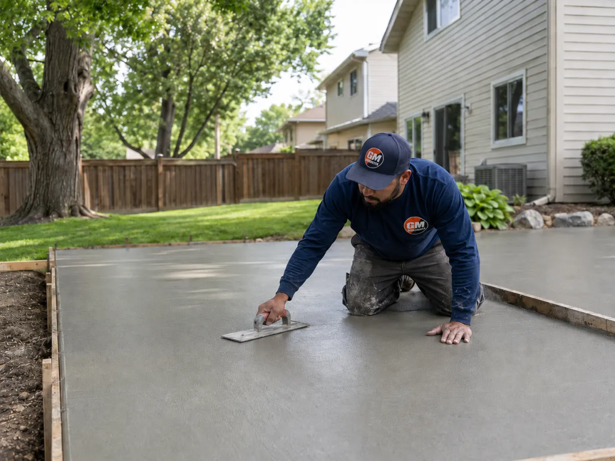 GM Concrete worker troweling a freshly poured patio in Racine, Wisconsin