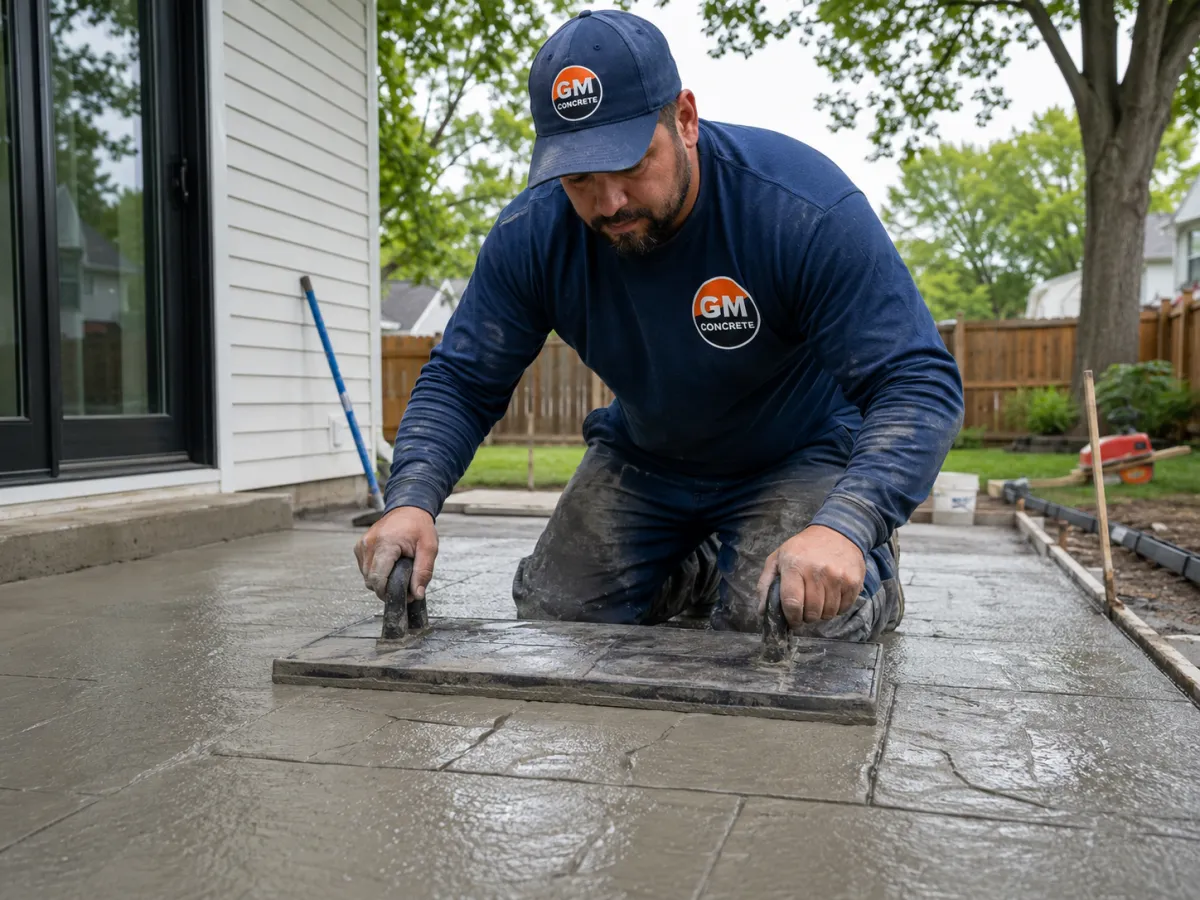 GM Concrete crew member stamping fresh concrete in Racine, Wisconsin