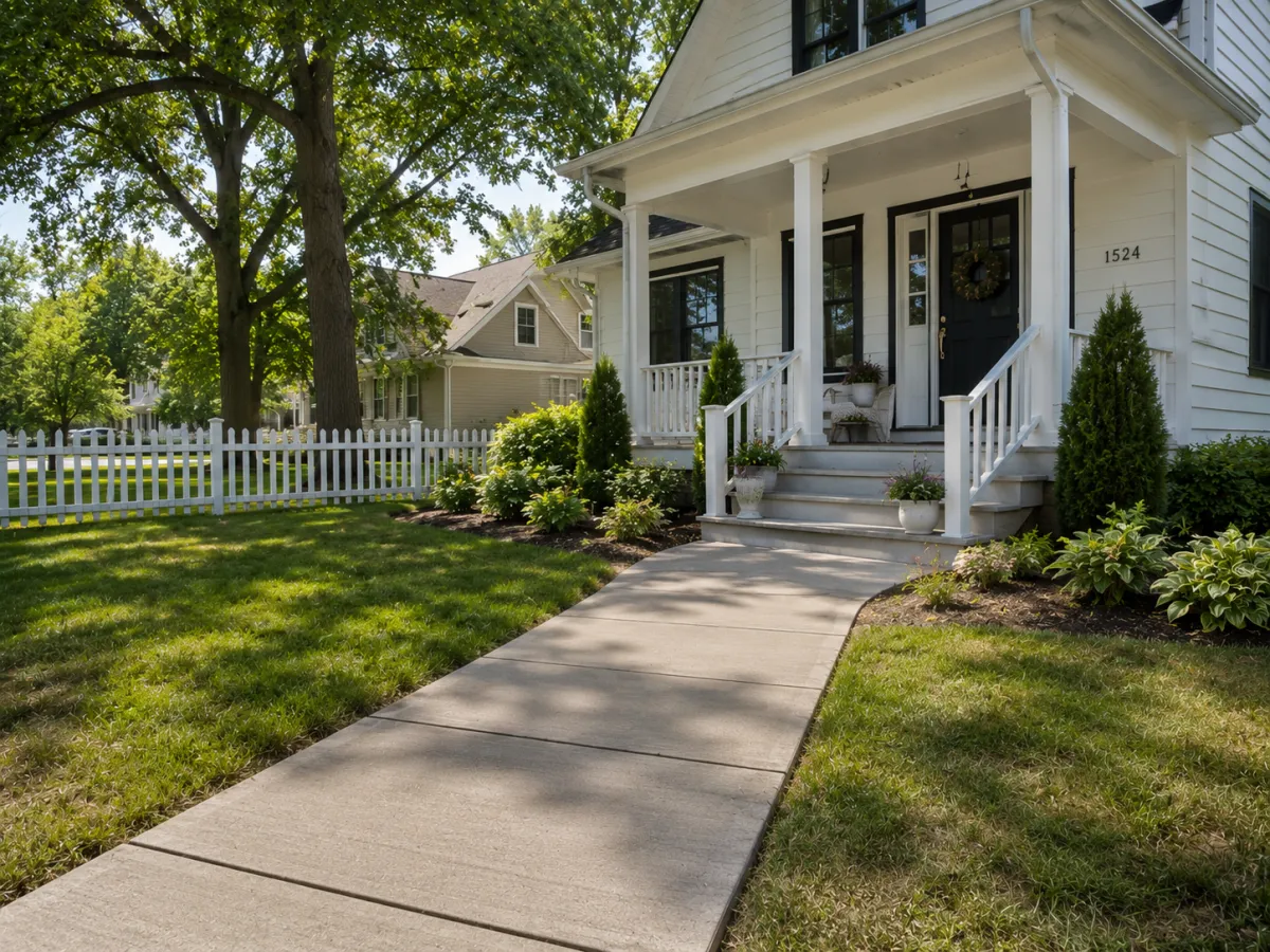 New concrete sidewalk and front steps at a white farmhouse in Racine, WI by GM Concrete