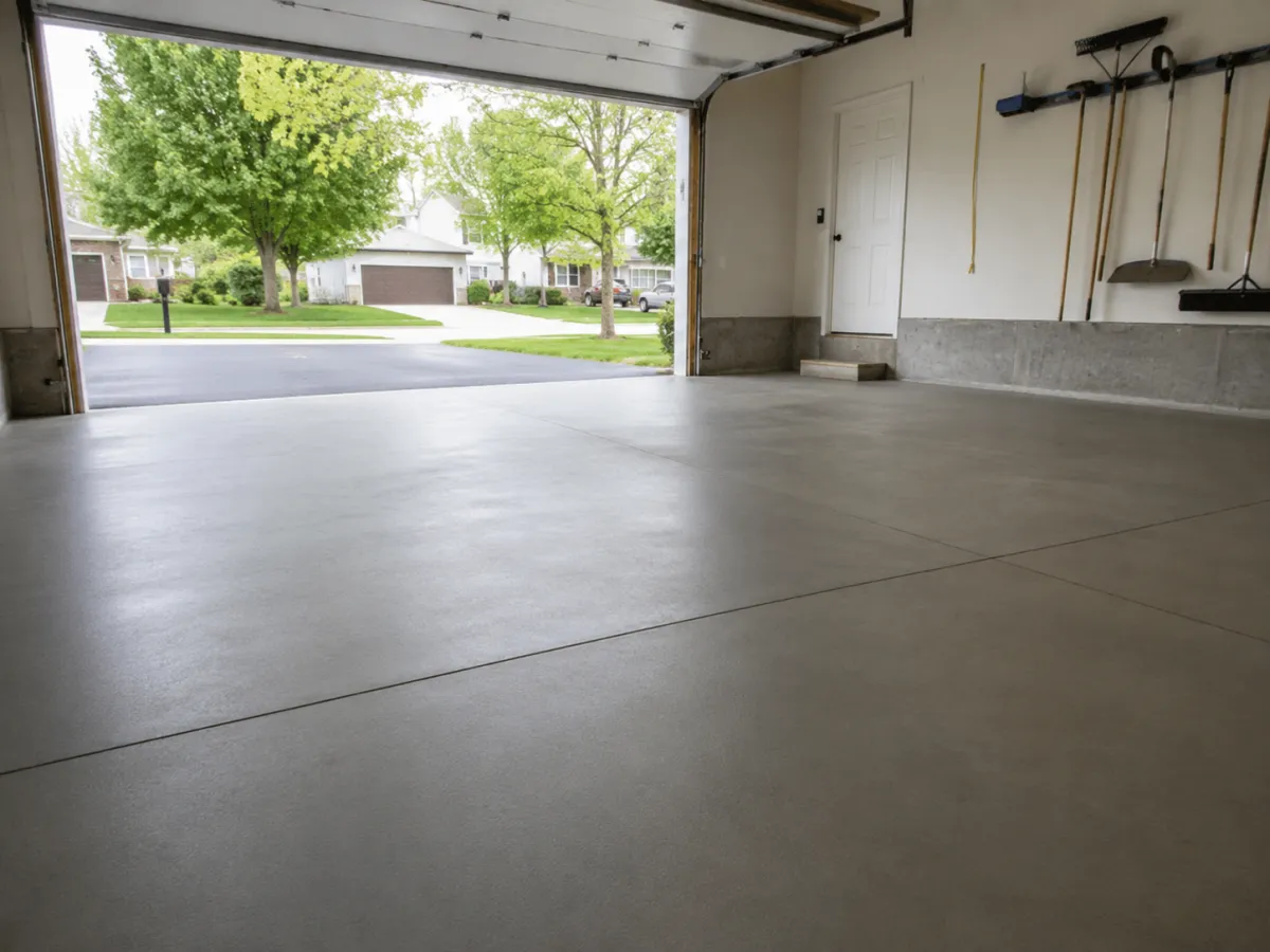 Finished concrete garage slab with open door in Racine, WI by GM Concrete