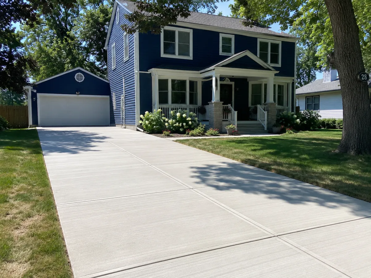 Wide finished concrete driveway at a navy blue home in Racine, WI by GM Concrete